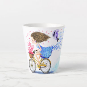 Caneca De Café Latte Garota Feliz Em Uma Bicicleta - Corações Românt