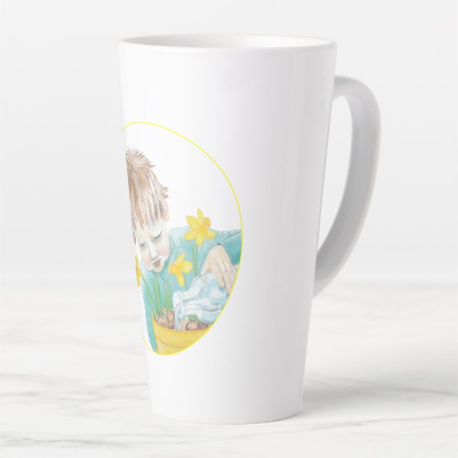 Caneca De Café Latte Garoto Com Daffodils (Ângulo direito)