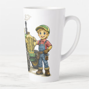 Caneca De Café Latte Garoto Fazendeiro Fofo Com Arte de Trator Verde An