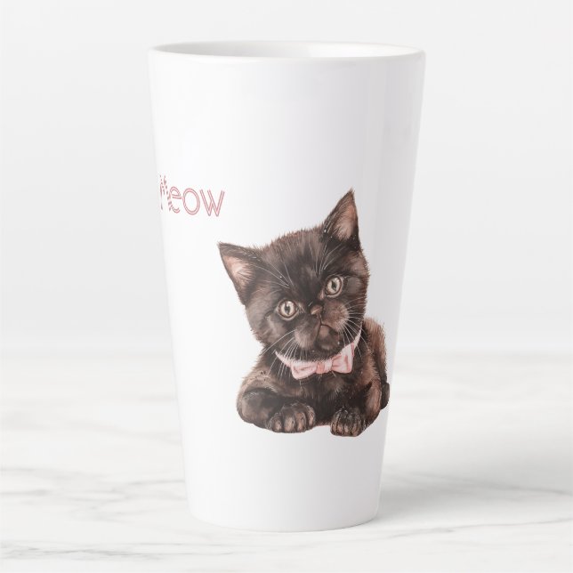 Caneca De Café Latte Gata Preta Laço Rosa (Frente)