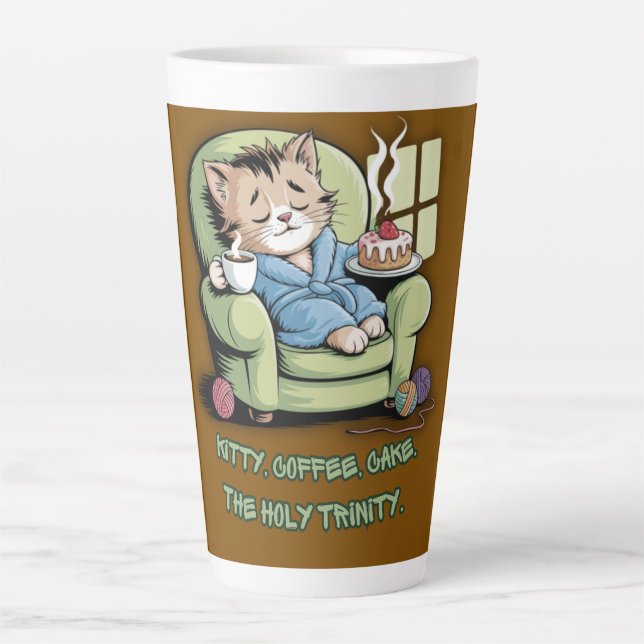 Caneca De Café Latte Gatinho Aconchegante com Café e Bolo – Gato Divert (Frente)