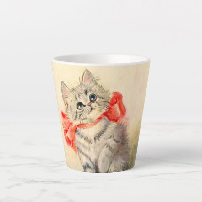 Caneca De Café Latte Gatinho com Fita Vermelha (Frente)