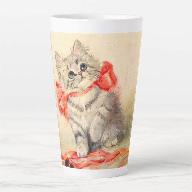Caneca De Café Latte Gatinho com Fita Vermelha (Frente)