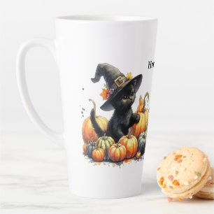 Caneca De Café Latte Gatinho do Dia das Bruxas Negro com Pumpkins e Cha