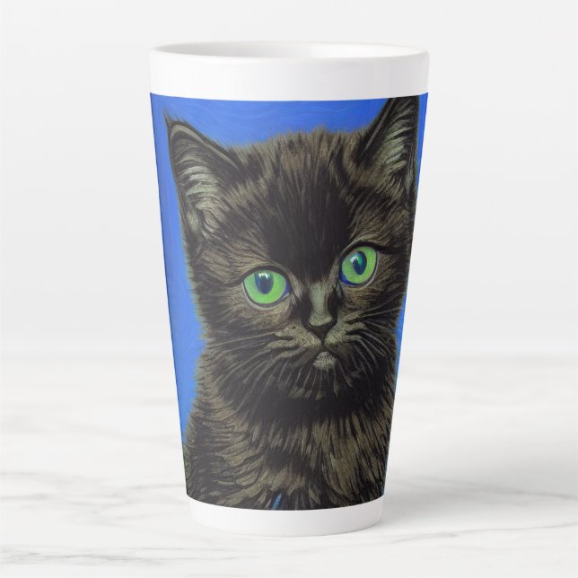 Caneca De Café Latte Gatinho Preto Estilo Van Gogh (Frente)