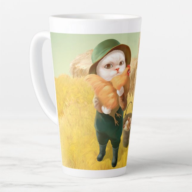 Caneca De Café Latte Gato Adorável com Hen na Fazenda (Ângulo esquerdo)