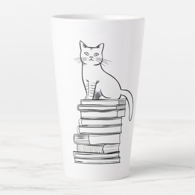 Caneca De Café Latte Gato Bonito em Livros (Frente)