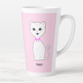 Caneca De Café Latte Gato Branco Feliz e Fofo em Rosa Claro