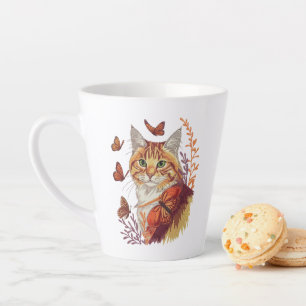 Caneca De Café Latte Gato com Borboletas Monarcas