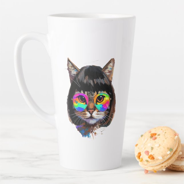 Caneca De Café Latte Gato com Peruca + Óculos de Sol (Pintura #9) (In Situ)