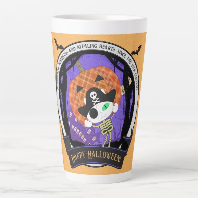 Caneca De Café Latte Gato de esqueleto pirata (Frente)