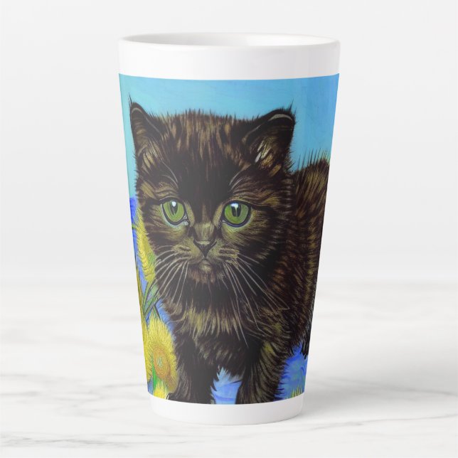 Caneca De Café Latte Gato de estilo Van Gogh com Sunflower (Frente)