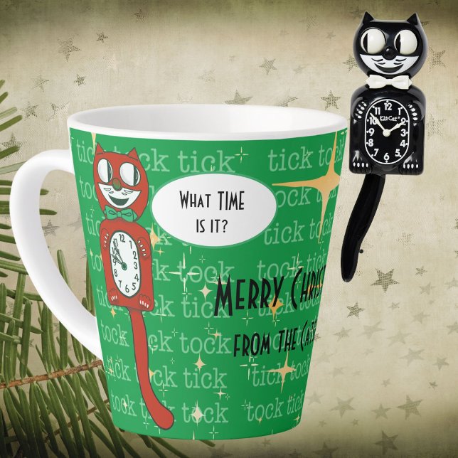 Caneca De Café Latte Gato de Natal Personalizado Vermelho Verde Verde B (Customize a cute Vintage red and green Cat Clock Latte Mug for a truly original gift)