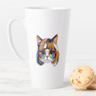 Caneca De Café Latte Gato de Peruca + Óculos de Sol (Pintura #2)