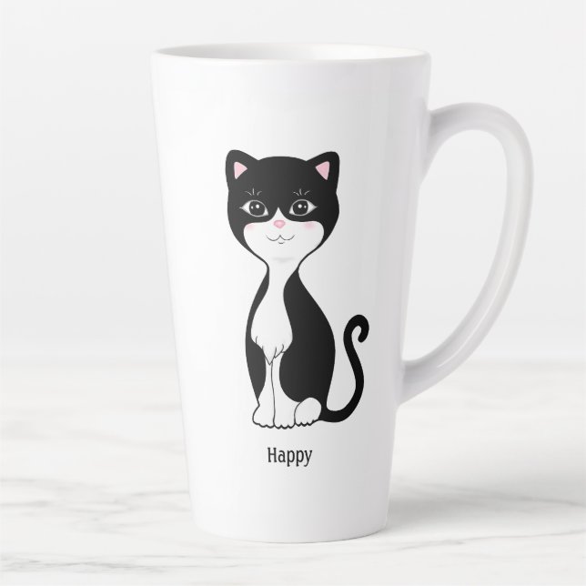 Caneca De Café Latte Gato de Tuxedo Feliz e Bonito (Direita)