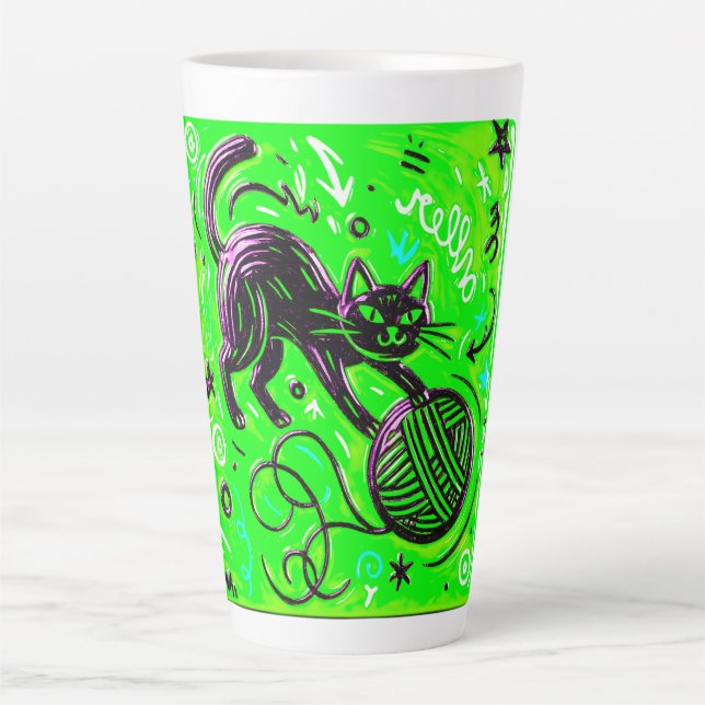Caneca De Café Latte Gato Divertido Verde Lima (Frente)