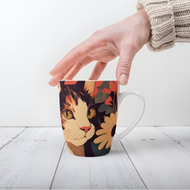 Caneca De Café Latte Gato do Calico Elegante no Jardim Floral (Criador carregado)