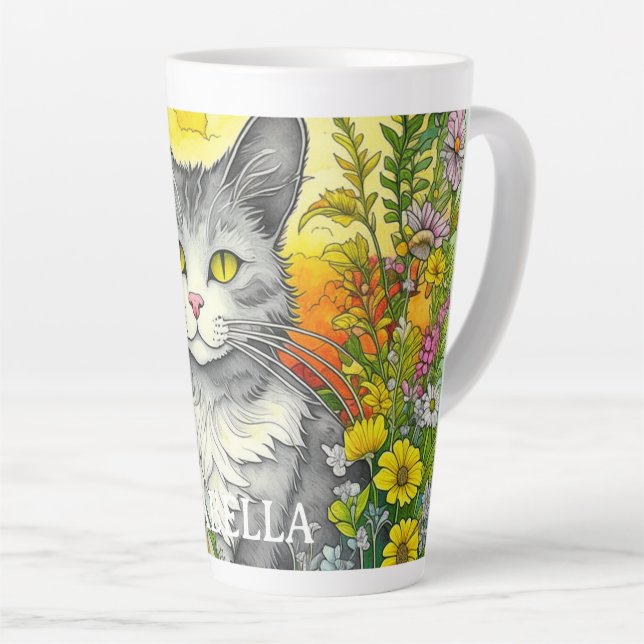 Caneca De Café Latte Gato e Flores Caprichosos Personalizados (Ângulo direito)