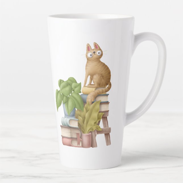 Caneca De Café Latte Gato e Pilhas de Livros (Direita)