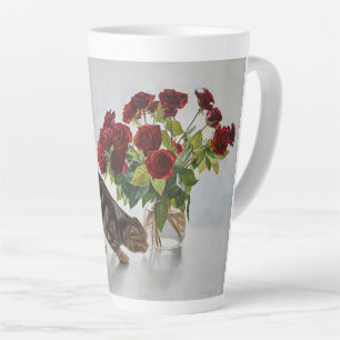Caneca De Café Latte Gato e Rosas Vermelhas – Impressão de Pintura a Ól