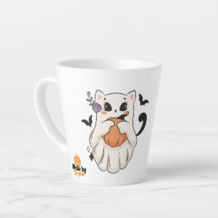 Caneca De Café Latte Gato Fantasma Bonito com Pumpkin   Spooky Hallowee