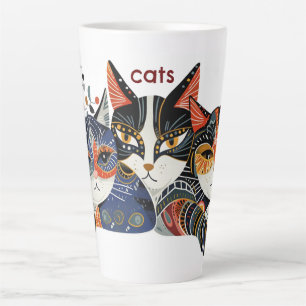 Caneca De Café Latte Gato Funky Folk Art Colorida Abstrato Latte Mug