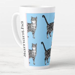 Caneca De Café Latte Gato Malhado Caprichoso Gatos Azuis Claros Garotas