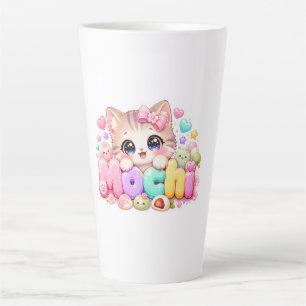 Caneca De Café Latte Gato Mochi Kawaii Fofo Nome Rosa Pastel Brilhante