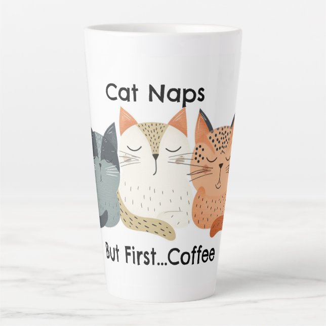 Caneca De Café Latte Gato Naps Mas Primeiro Café Folha de Arte Latte (Frente)