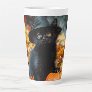 Caneca De Café Latte Gato Negro e Abóbora do Halloween