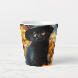 Caneca De Café Latte Gato Negro e Abóbora do Halloween