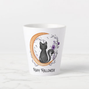 Caneca De Café Latte Gato Negro e Lua Crescente para Feliz Halloween