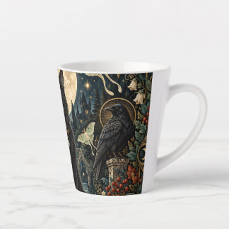 Caneca De Café Latte Gato Negro Gótico Celestial con Luna y Cuervos.