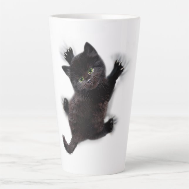 Caneca De Café Latte Gato Negro Subindo Nas Costas Humanas (Frente)