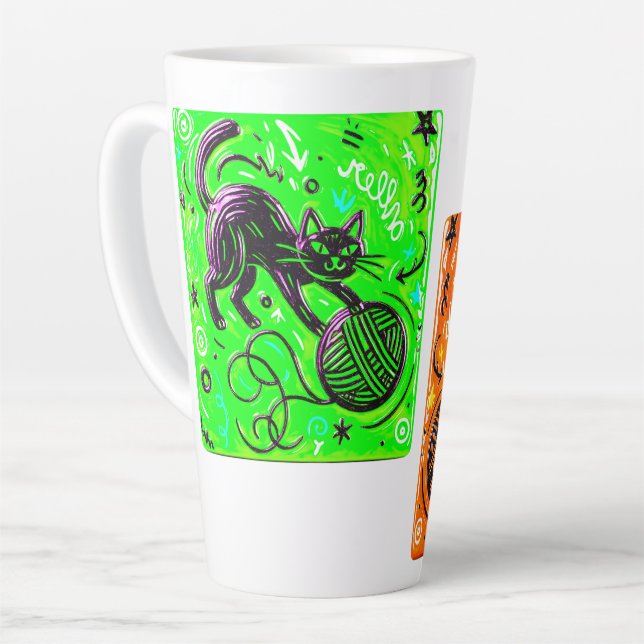 Caneca De Café Latte Gato Neon de Duas Cores (Ângulo esquerdo)