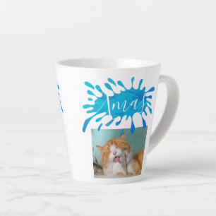 Caneca De Café Latte Gato Pet Azul Xmas Rótulo Natal Foto