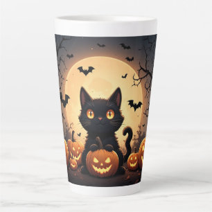 Caneca De Café Latte Gato Preto Abóbora Halloween Lua Noite 🐈⬛