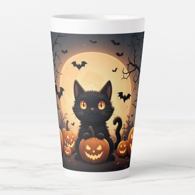 Caneca De Café Latte Gato Preto Abóbora Halloween Lua Noite 🐈‍⬛ (Frente)