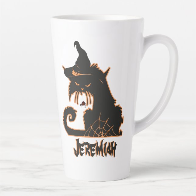 Caneca De Café Latte Gato Preto de Halloween Bruxa Aranhas Assustadoras (Direita)