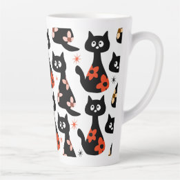 Caneca De Café Latte Gato Preto Floral Retro (Branco)