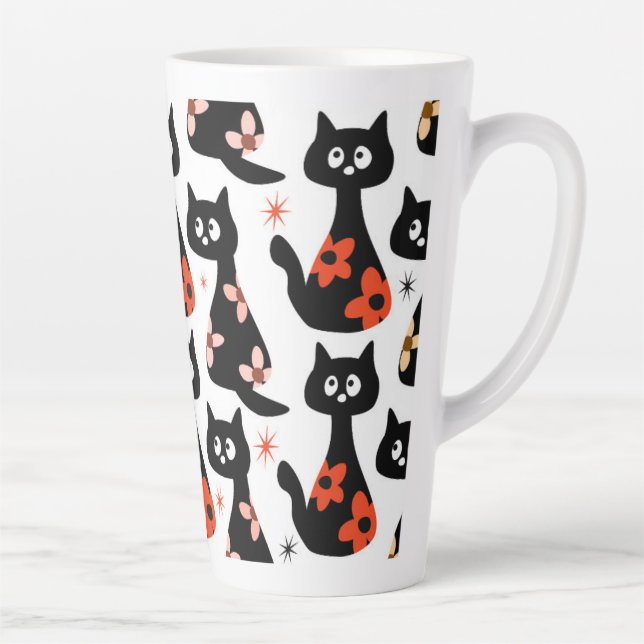 Caneca De Café Latte Gato Preto Floral Retro (Branco) (Direita)