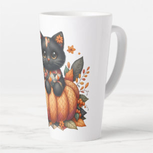 Caneca De Café Latte Gato Preto na Abóbora com Padrão de Inclinação de 