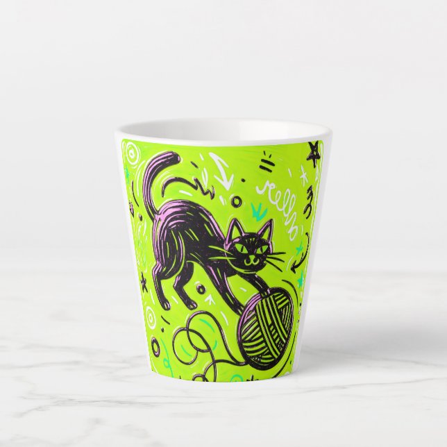 Caneca De Café Latte Gato Preto Neon Limão (Frente)