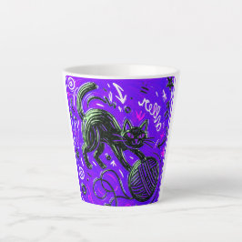 Caneca De Café Latte Gato Preto Roxo Neon