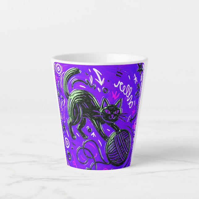 Caneca De Café Latte Gato Preto Roxo Neon (Frente)