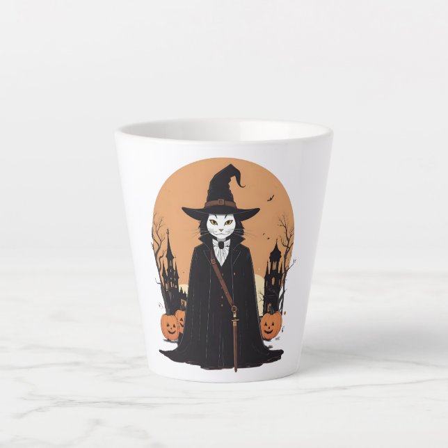 Caneca De Café Latte Gato Preto Salem Místico com Pumpkins (Frente)