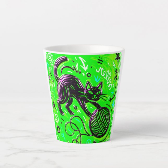Caneca De Café Latte Gato Preto Verde Neon (Frente)