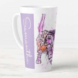 Caneca De Café Latte Gato Tabby Pintado à Mão Lã Roxa Aquarela