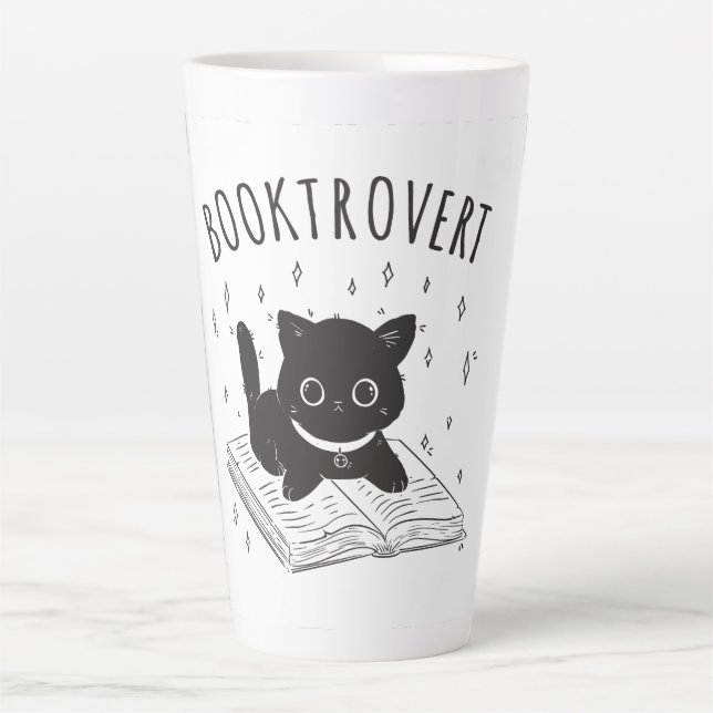 Caneca De Café Latte Gato-troverte com livro e estrelas (Frente)