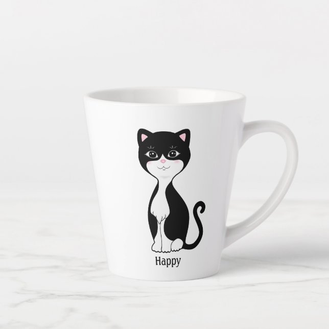 Caneca De Café Latte Gato Tuxedo Fofo e Feliz (Direita)